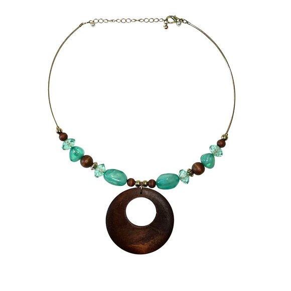 Choker Necklace Wooden Pendant Gold-Tone Metal Aqua Beads Lobster Clasp Closure - Picture 1 of 6
